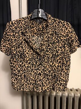 Volcom Leopard Print Short Sleeve Button Front Top